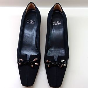 Stuart weitzman black fabric kitten heel pumps with bow
